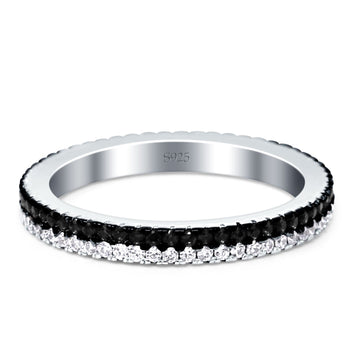 Full Eternity Stackable Wedding Band Black Cubic Zirconia 925 Sterling Silver